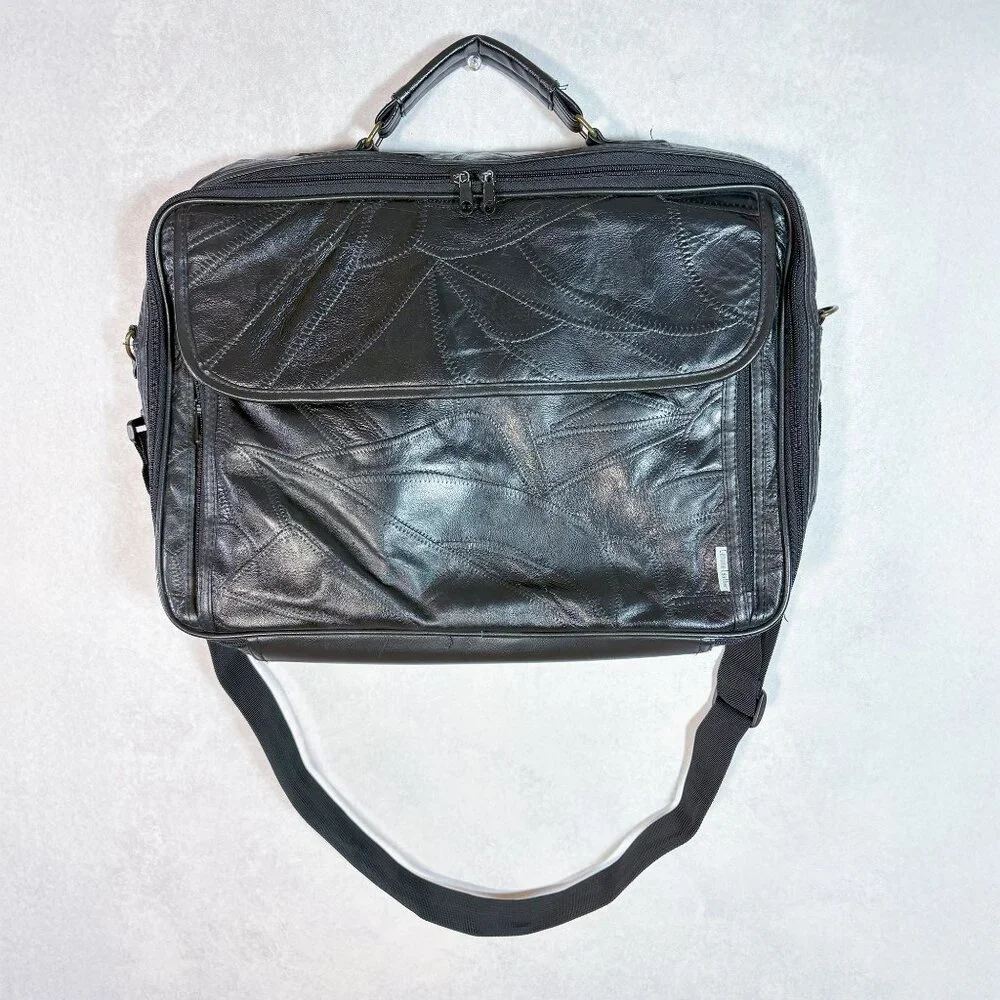 Genuine Leather Patchwork Laptop Bag Travel Office Briefcase Black